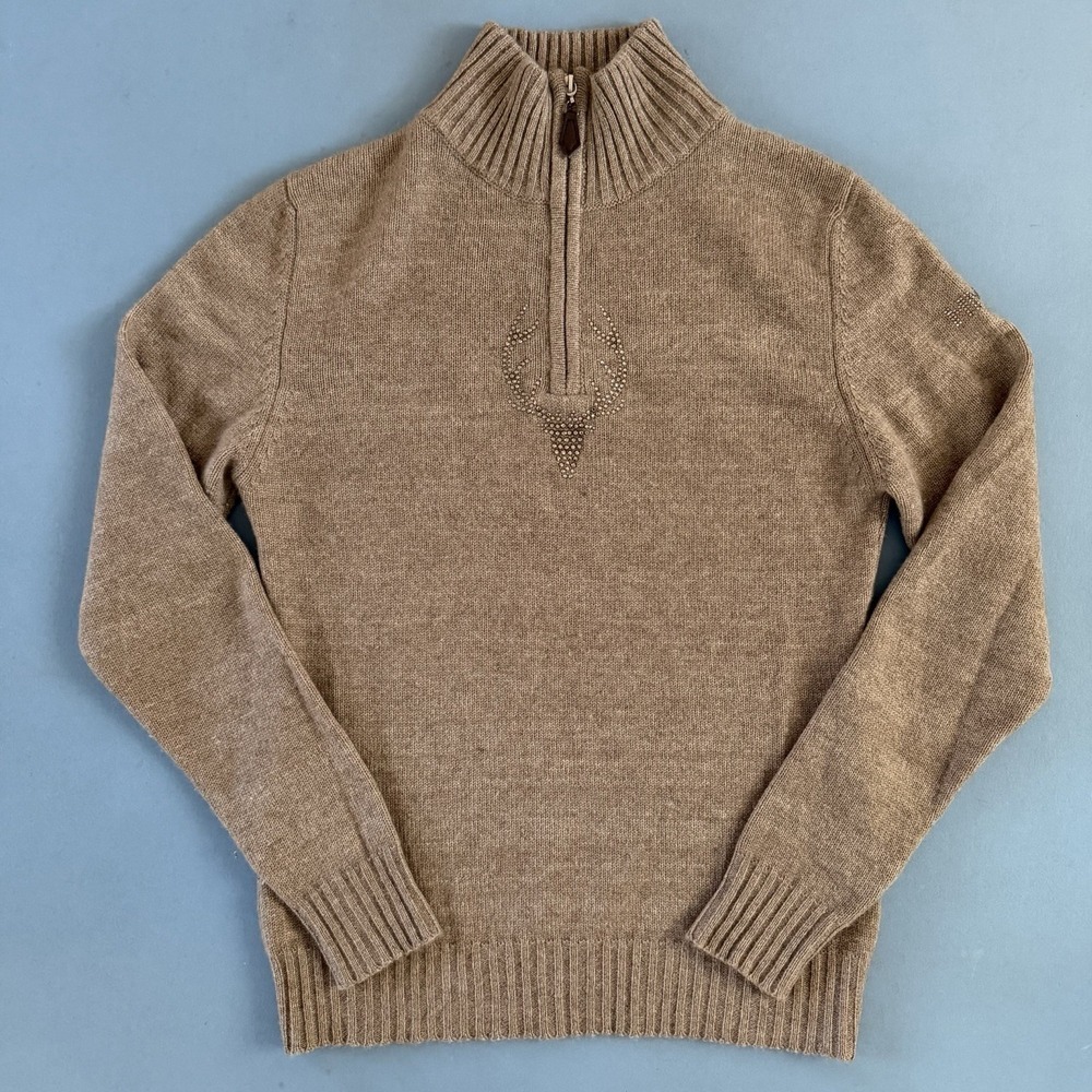 M. Miller Ashley Cashmere 1/4 Zip Tan‎ Sweater with Crystal Deer